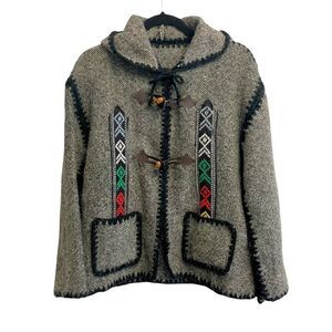 HANDMADE Peruvian Alpaca Wool Zip Front Jacket Ethnic Detail Hood L